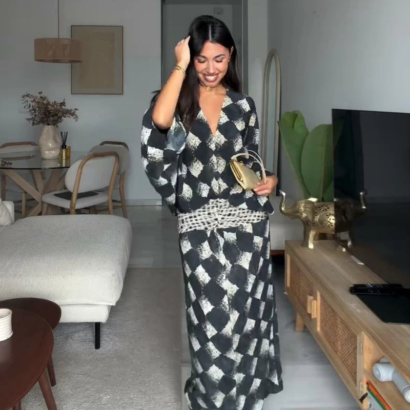 Casual Patchwork Print V Neck Maxi Dress for Women