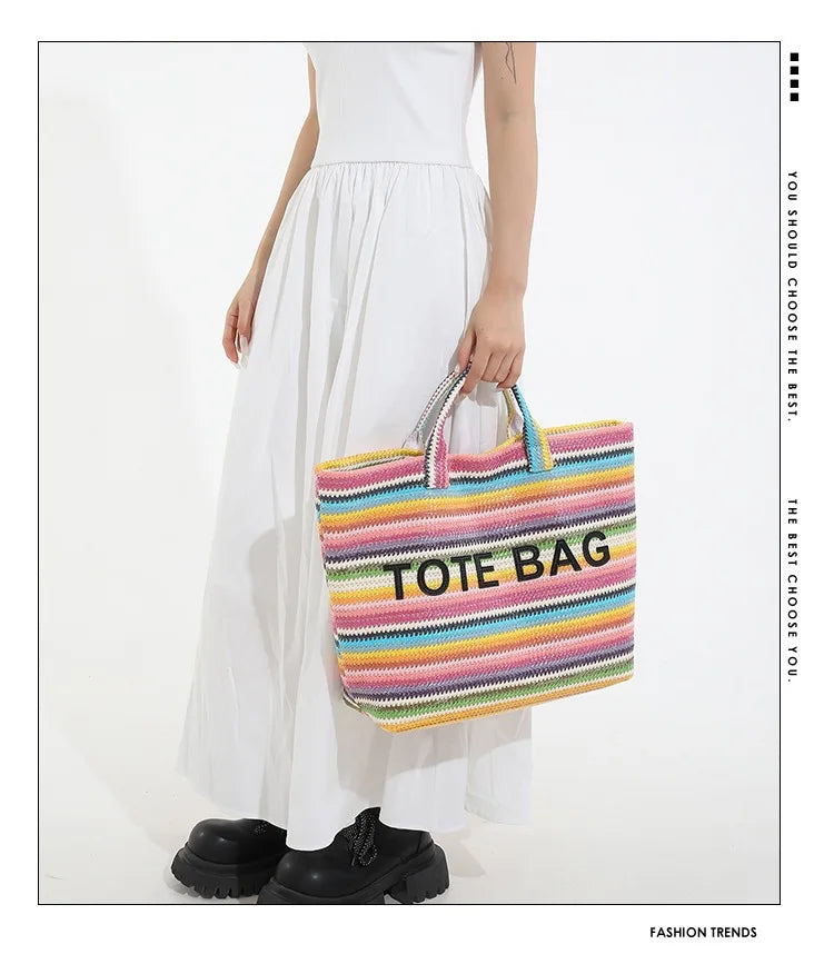 New straw woven bag, large capacity tote bag, crossbody striped letter contrasting beach bag
