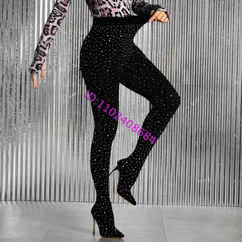 Black Lace Crystal Pointed Toe Over The Knee Boots For Women