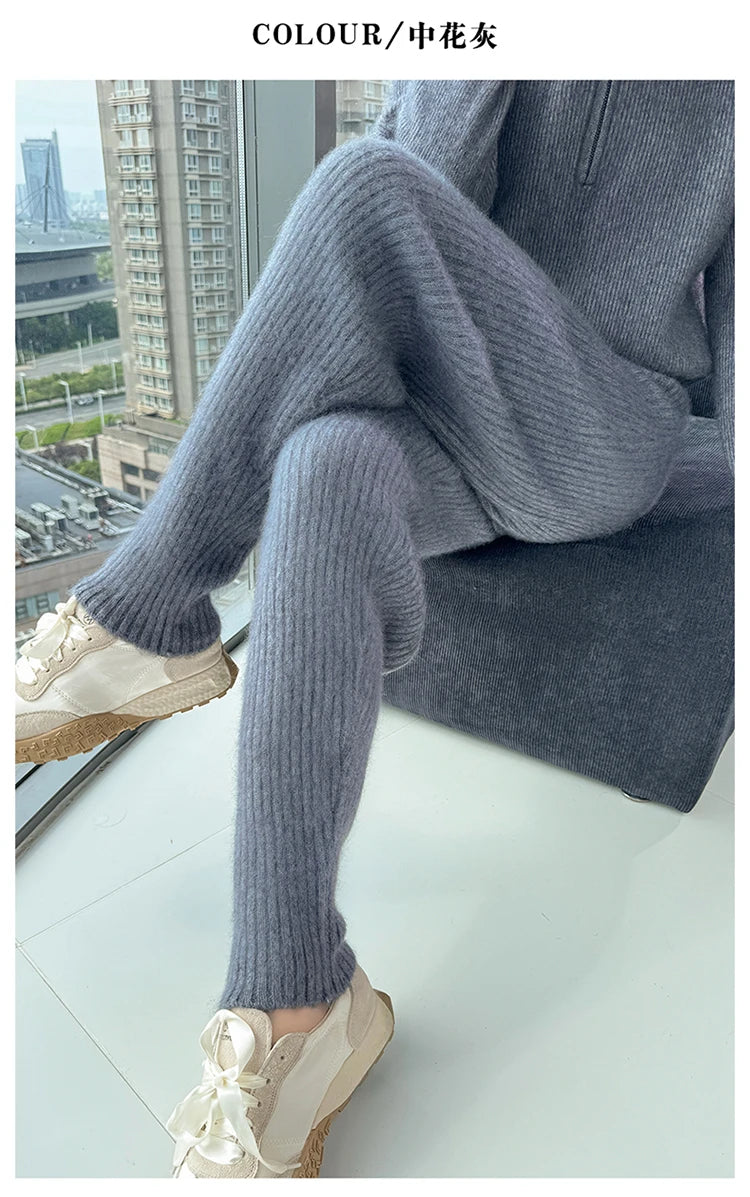 Warm Knit Elastic Waist Slim Fit Trousers for Women