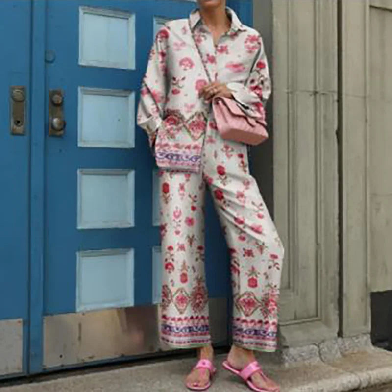 Vintage Printed Two Piece Trouser Suit Set for Women