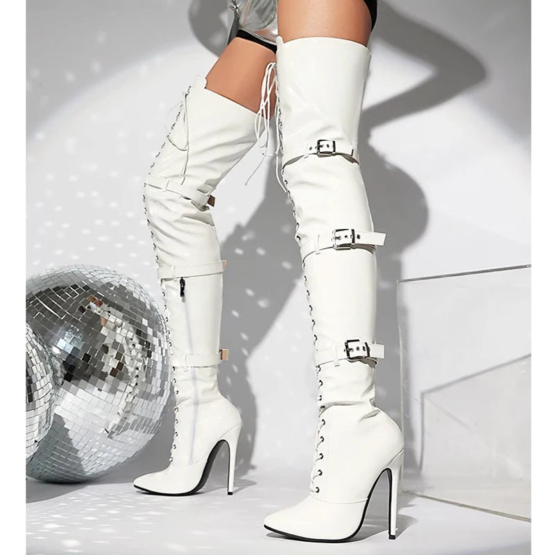 Modern Elegant Pointed Stiletto Heel Thigh High Leather Boots For Women