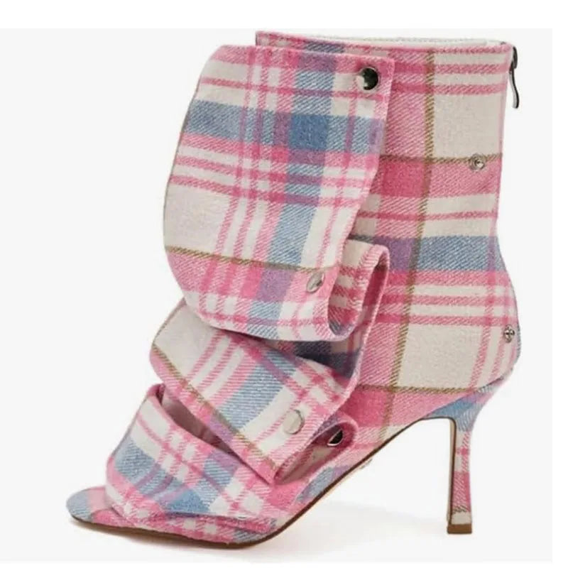 Mid-Calf Open Toe High Heel Pleated Boots for Women