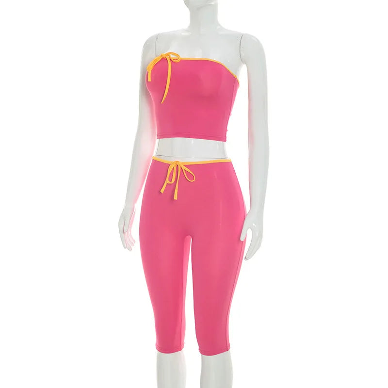 Rose Red Patchwork Lace-Up Two Piece Set for Women