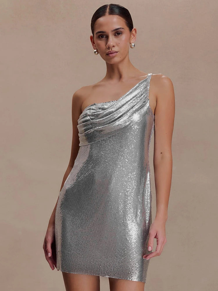 Shiny Ruched Off Shoulder Backless Mini Dress for Women