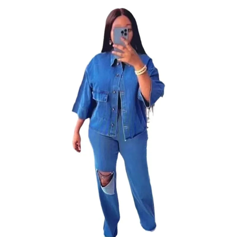 Denim Pant Set Women Two Piece Sets Turn Down Collar Matching Sets Single Breasted Shirt Tops Wide Leg Long Pants High Waist