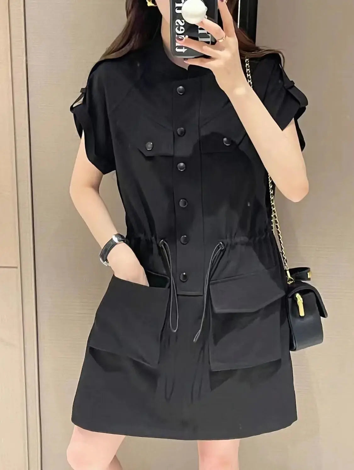 European Retro Stand Collar Drawstring Midi Dress for Women