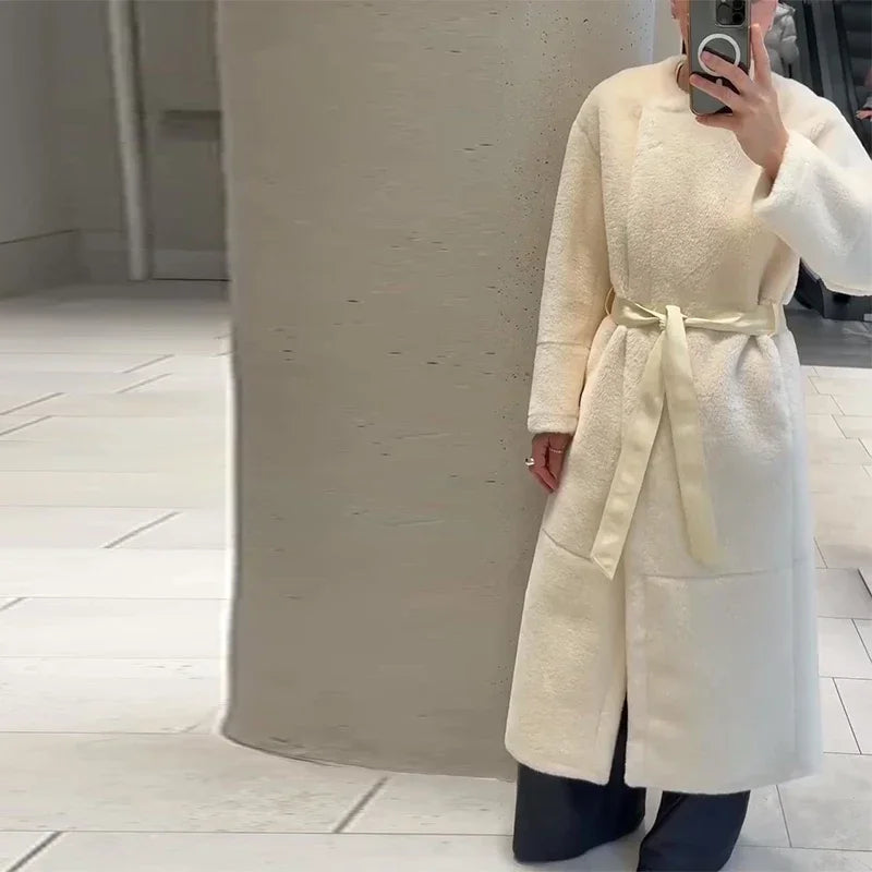 Lace Up Elegant White Faux Fur Long Coat for Women