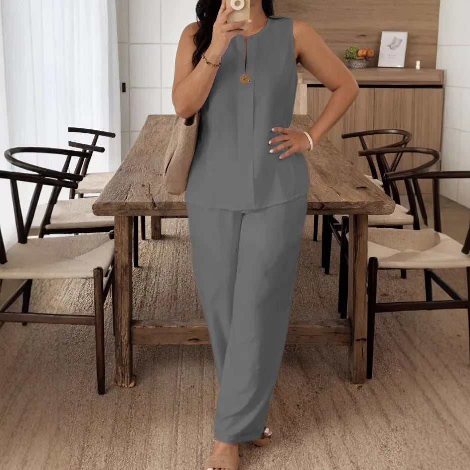Vintage Button Tank Top and Elastic Waist Pants Set for Women