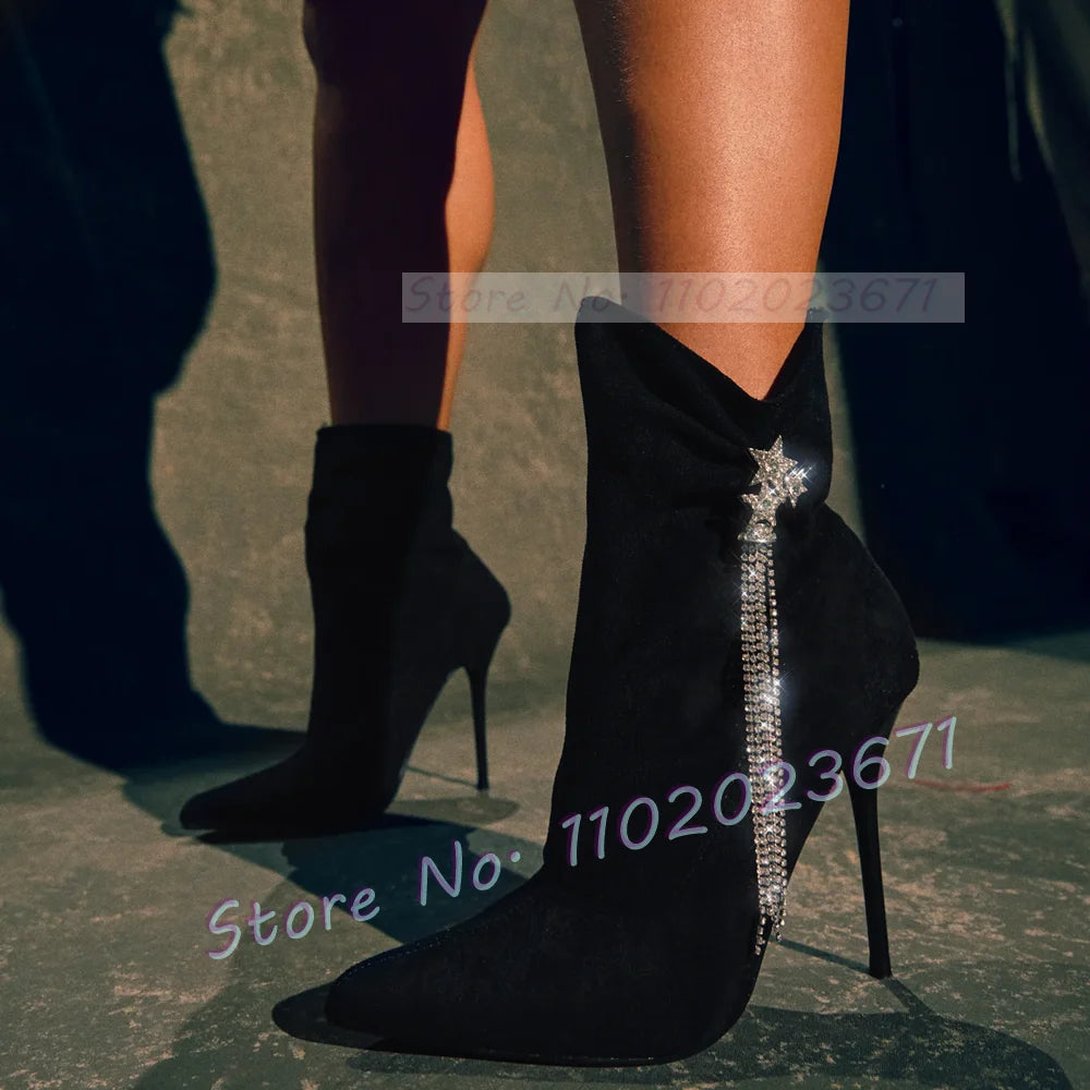 Pink Crystal Rhinestone Fringe High Heel Ankle Boots for Women