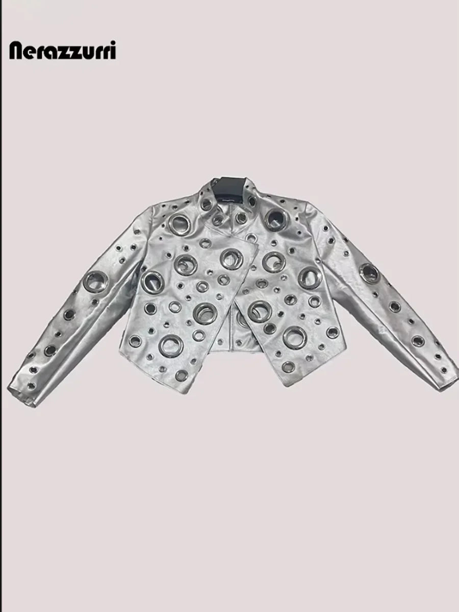 Sequin Hollow Out Patchwork Faux Leather Jacket For Women