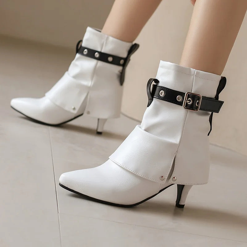 Western Style Denim Autumn Pointy Toe Ankle Boots With Belt Buckle for Women