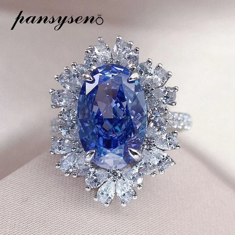PANSYSEN Luxury 100% 925 Sterling Silver 4.5CT Oval Cut Sapphire High Carbon Diamond Ring Anniversary Party Fine Jewelry Gift