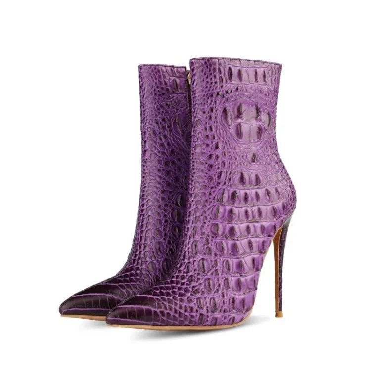 Purple Crocodile Stiletto Ankle Boots