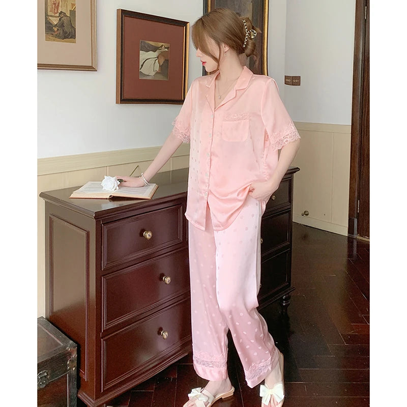 Y2k Pink Sweet Dot Lace Jacquard Women Pajamas French Romantic Lazy Lady Nightgown 2024 New Summer Korean Harajuku Home 2pc Set