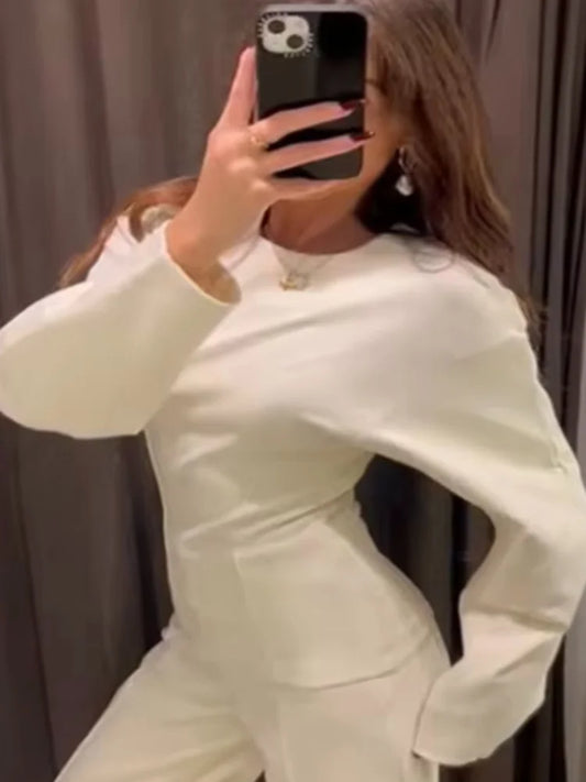 Elegant Women Casual Solid Pants Suits Round Neck Full Sleeve Shirt Wise Leg Straight Pant Suit Lady New Basic 2 Pieces Set 2025