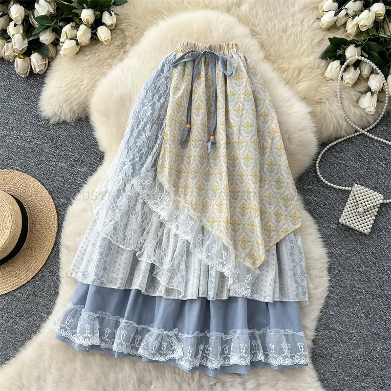High-Waist Patchwork Lace-Up Skirt