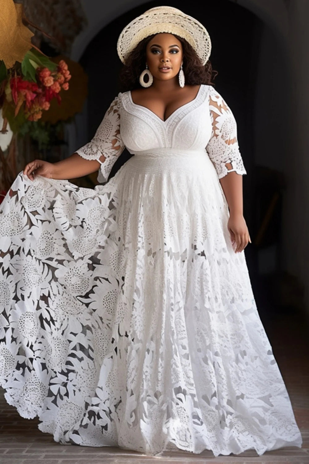 Plus Size Wedding White V Neck Half Sleeve See Through Lace Maxi Dresses
