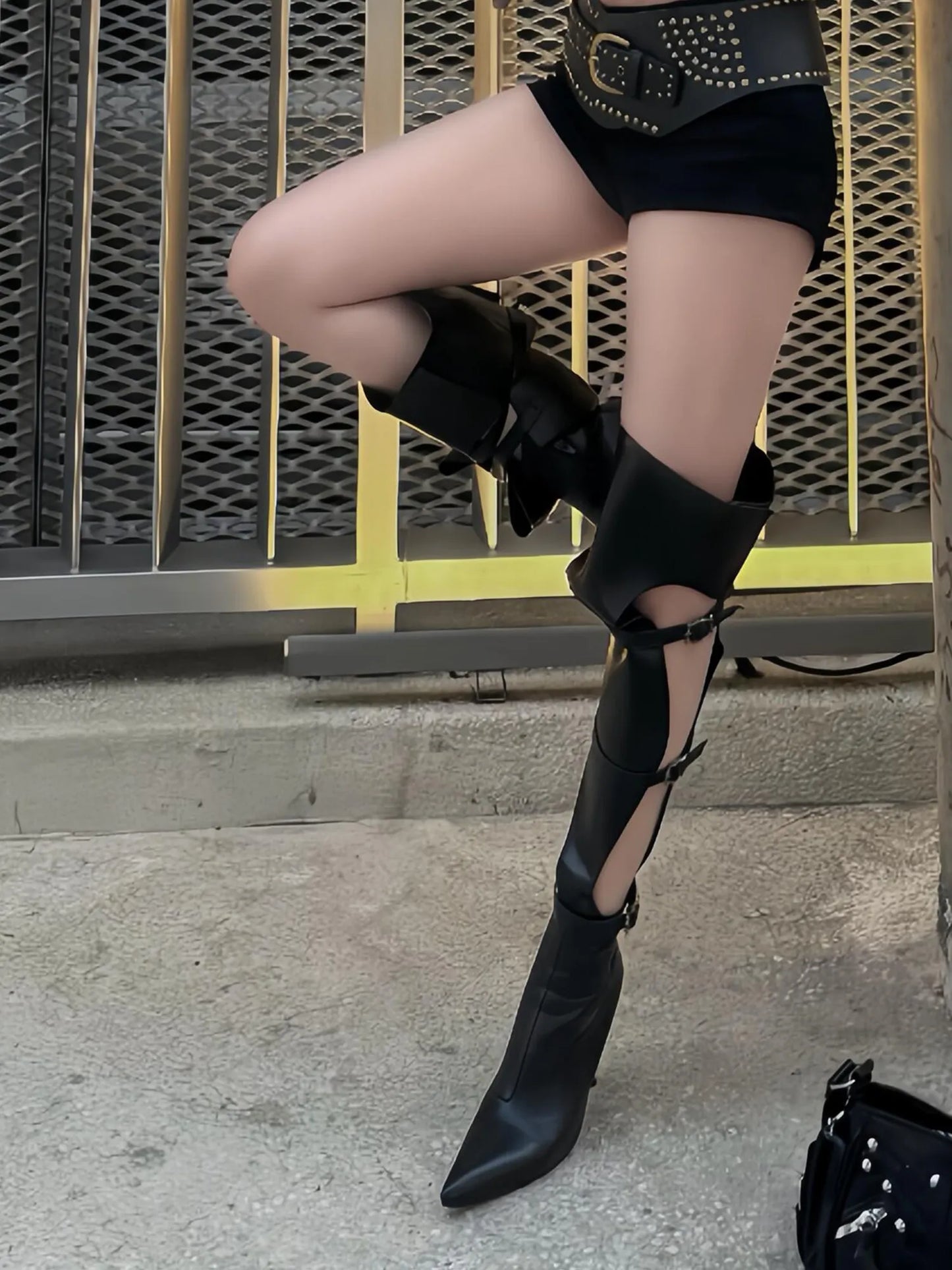 Black Patchwork Rivet Pointed Toe Thigh High Boots For Women