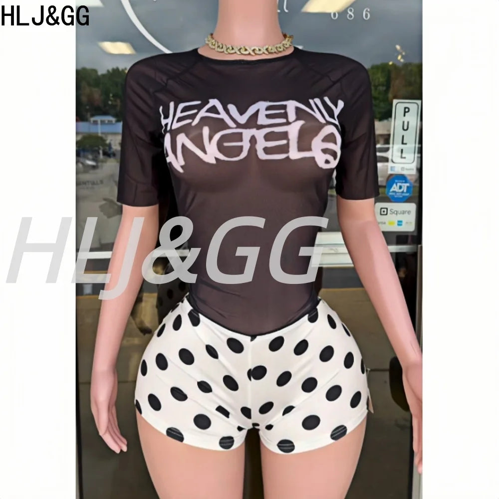 Mesh Letter Print See Through Polka Dot Two Piece Set for Women