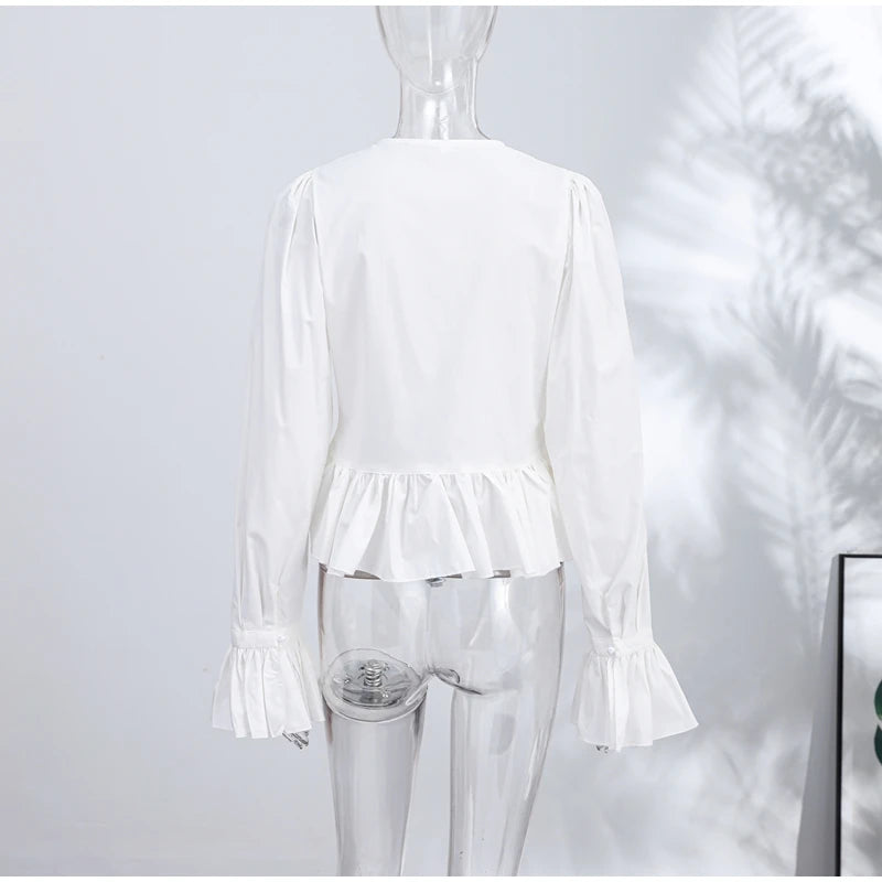Chic Solid Ruffle Pleated Puff Sleeve Shirt for Women
