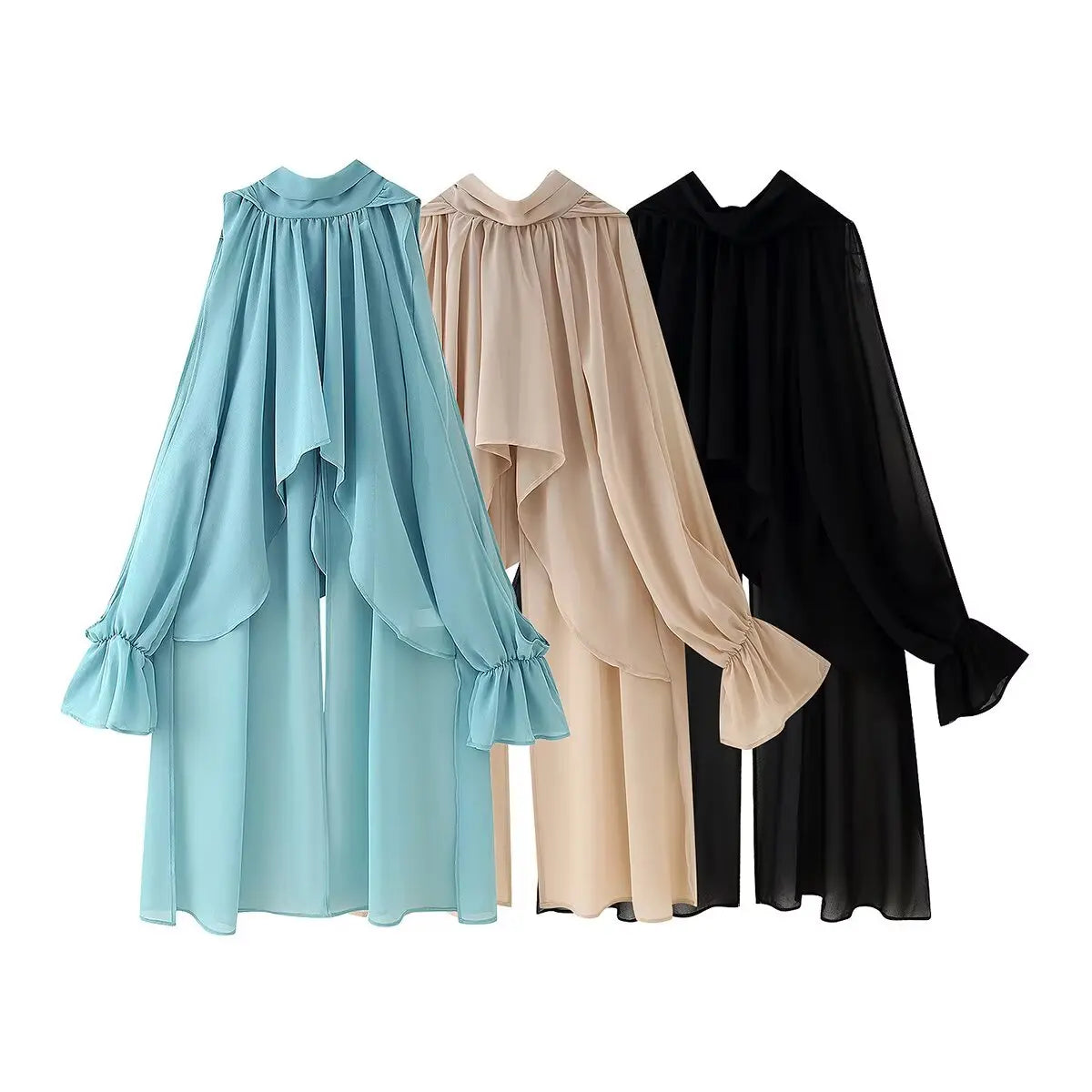 Vintage Chiffon Tiered Ruffle Sleeve Blouse with High Neck for Women