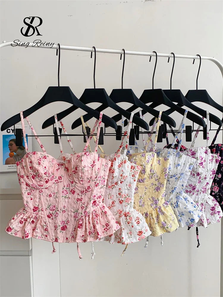 French Corset Print Ruffle Strap Tank Top for Women