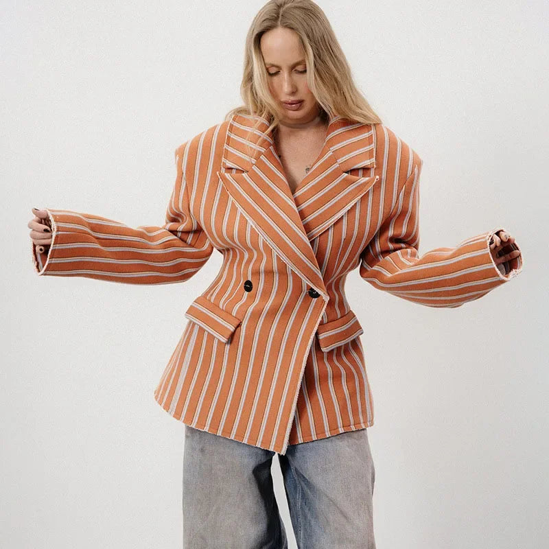 Striped Double-Breasted Blazer With Lapel for Women
