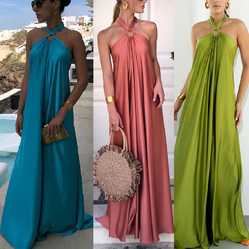 Backless Halter Neck Satin Evening Dress for Women
