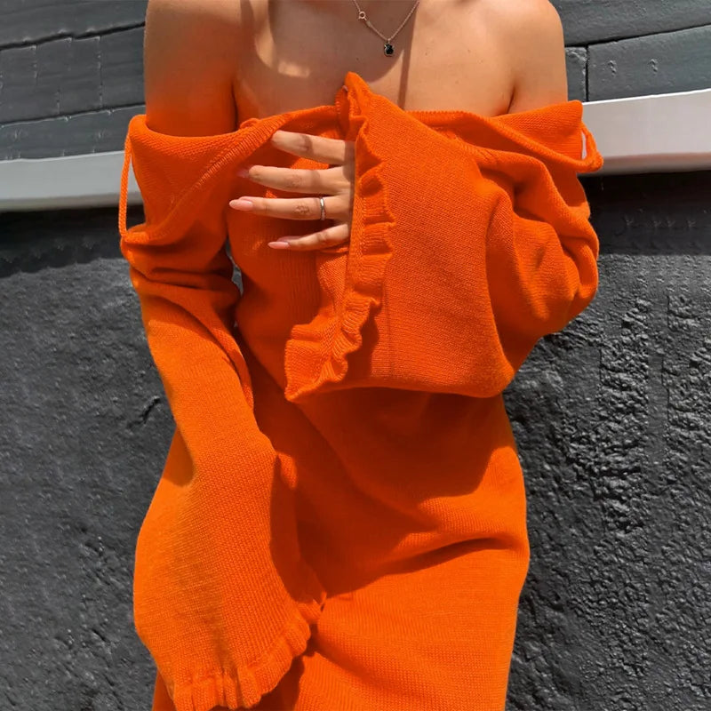 2025 Women Ins Style Sexy Backless Neck-hanging Long Sleeve Fishtail Dress Knit Beachwear Summer Swimsuit Bikini Cover-ups A2825