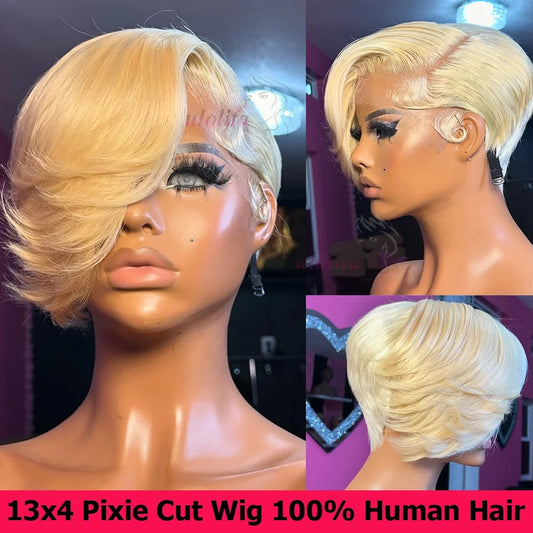 Honey Blonde 613 Straight Short Pixie Cut Wig with Bangs Shaved Sides And Sideburns Full Lace Wig for Men Remy Brazilian Hair