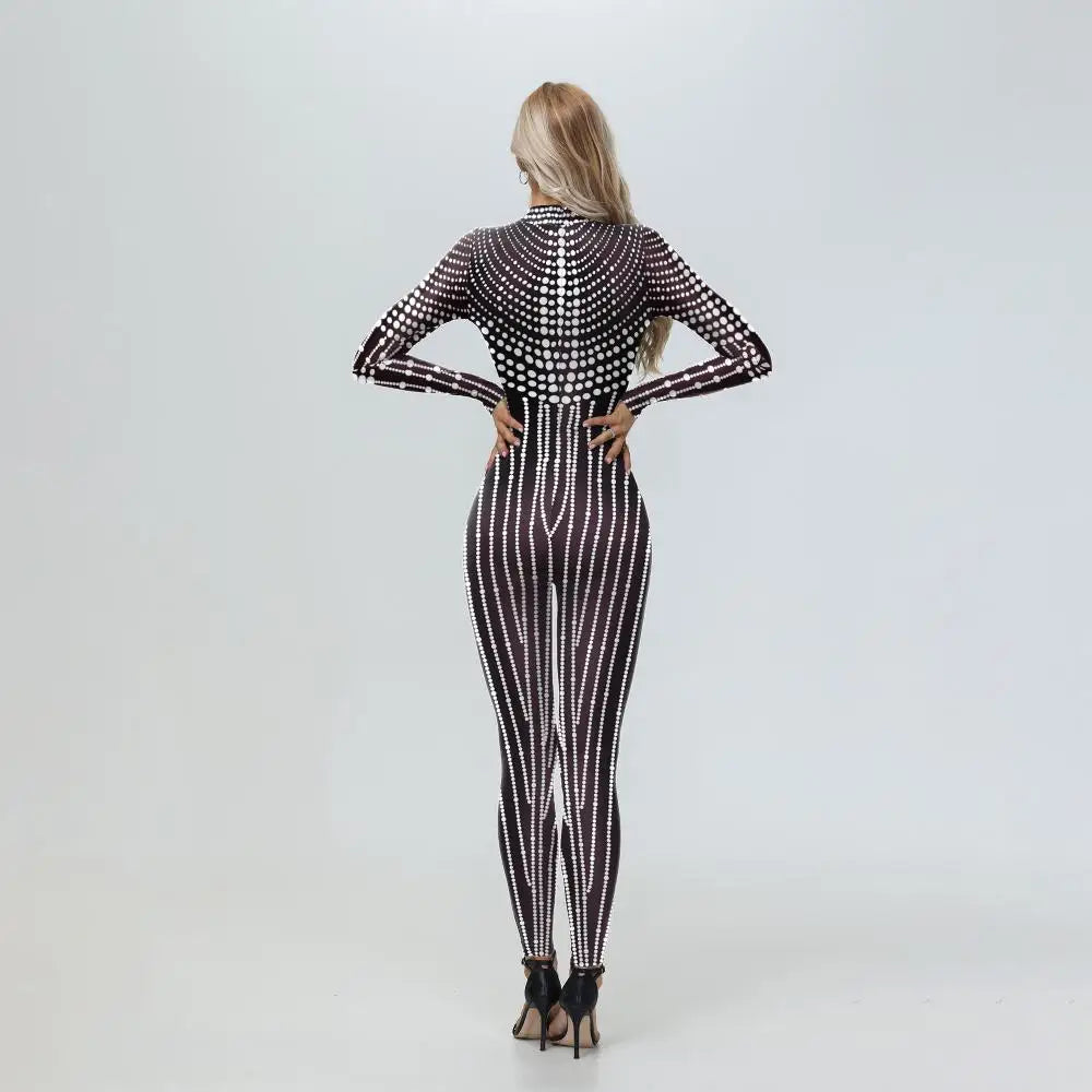 Elegant Skin Color Rhinestone Print Jumpsuit for Women
