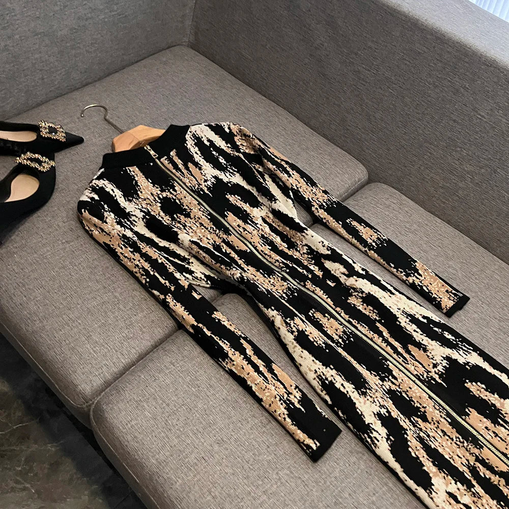 Leopard Print Long Sleeve Sheath Dress