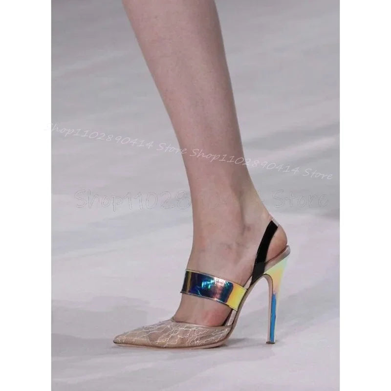 Elegant Beige Lace Strappy Pointed Toe High Heels For Women