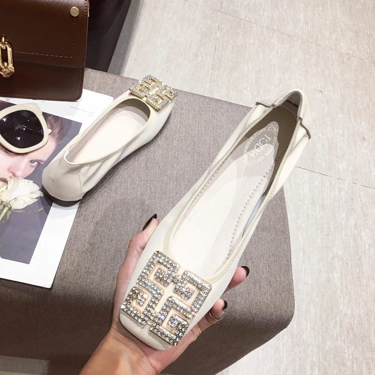 Rhinestone Buckle Square Toe Slip On Flats for Women