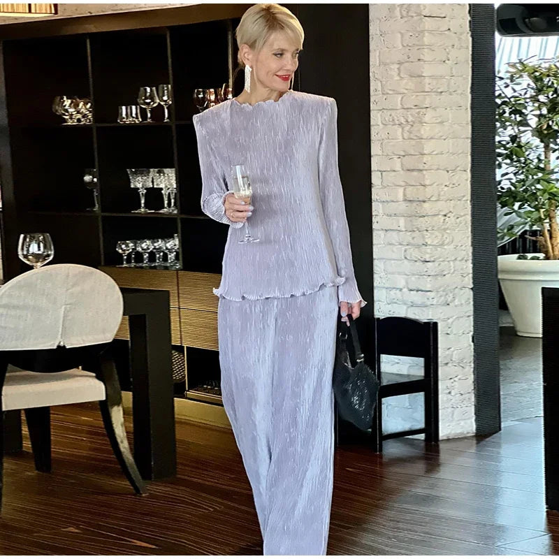 Elegant Velvet Top and Pleated Pants Set for Women