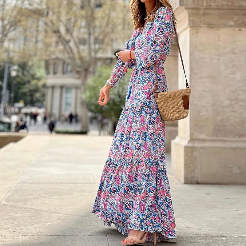 2026 New In-Stock Women's Fashion V-Neck Long-Sleeve Mid-Length Bohemian