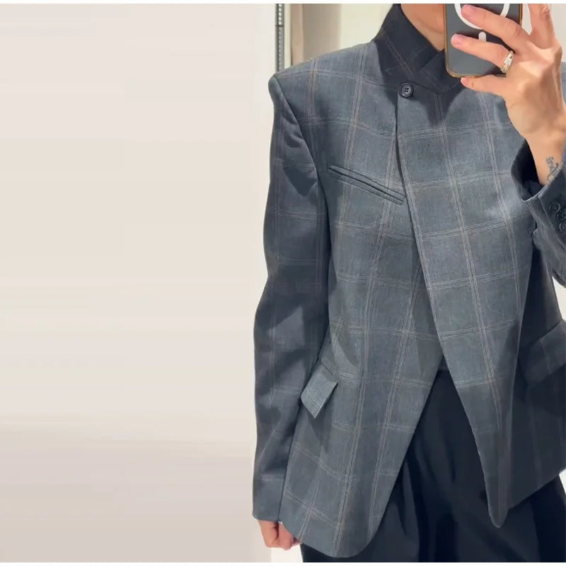 Plaid Women 's Blazers Elegant Laple One Button Thicken Full Sleeve Pockets Coats Female 2026 New Fashion Woman Coats Outwears