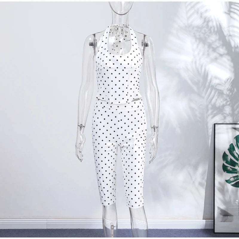 Polka Dot Halter Corset Top and Cropped Pants Set for Women