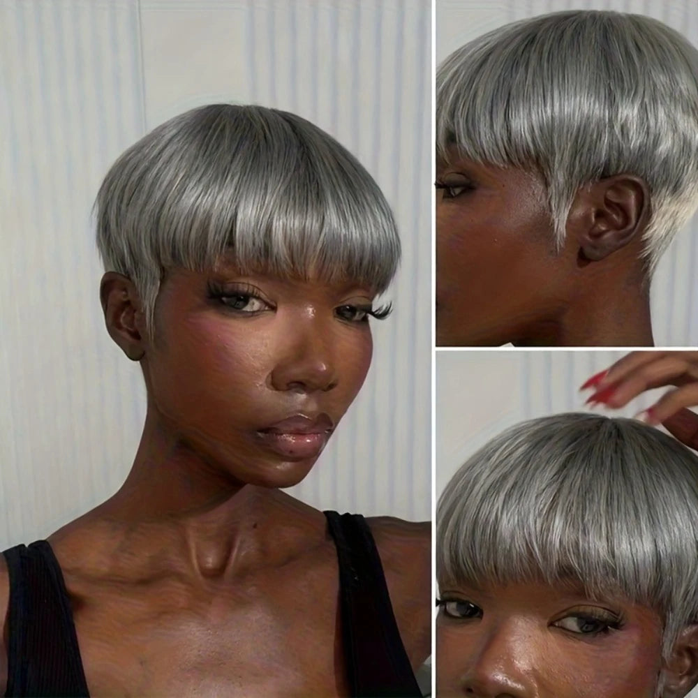 Short Straight Gray Human Hair Wig With Natural Look for Women
