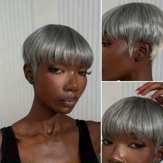 Short Straight Gray Human Hair Wig With Natural Look for Women