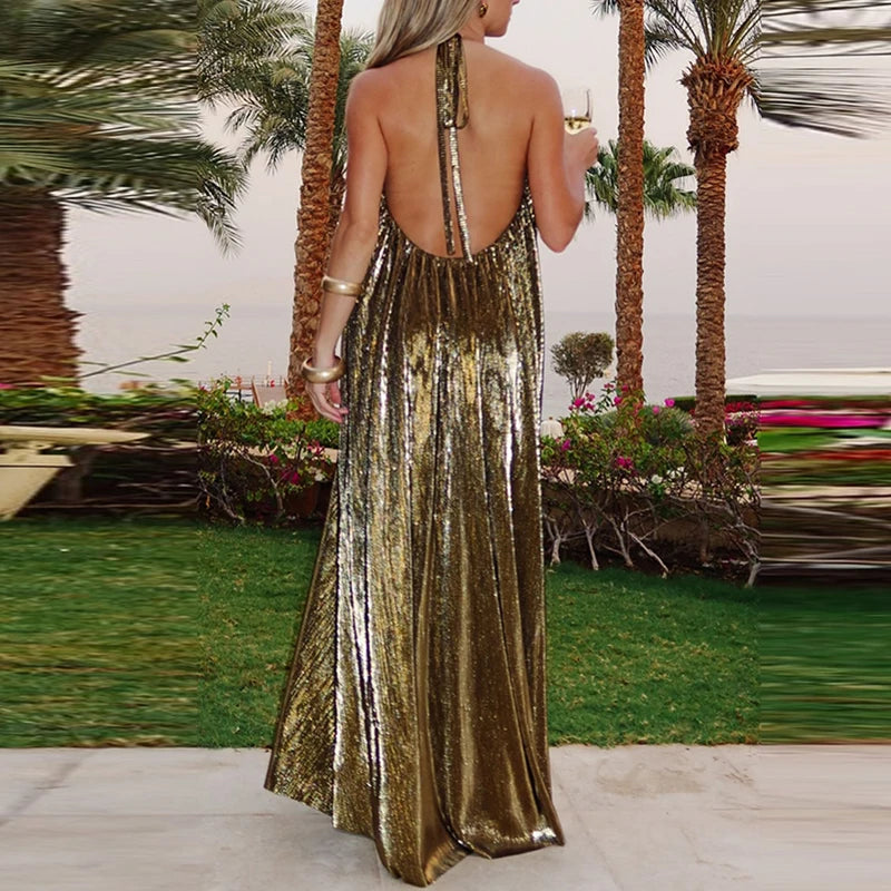 Metallic Halter Hollow Out Pleated Maxi Dress for Women