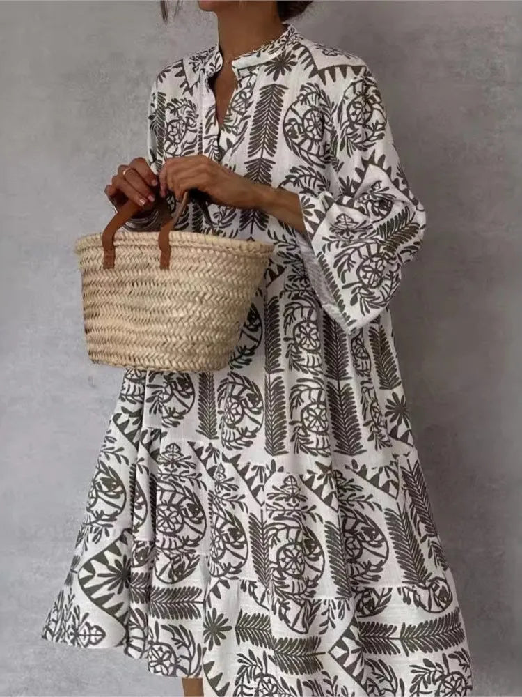 Casual Bohemian Print With V Neck Slit Dresses for Women