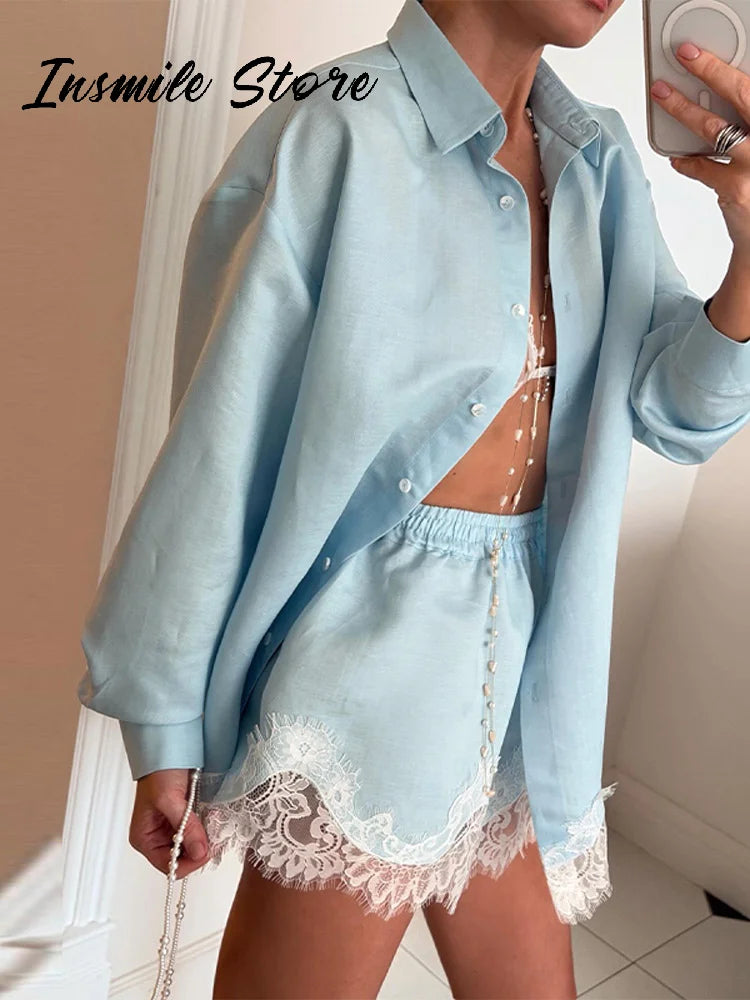 Casual Loose Fit Lace Patchwork Shorts Outfit For Women