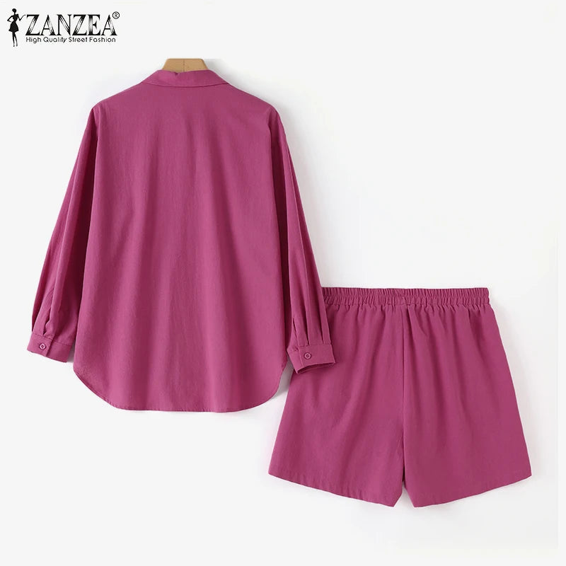 ZANZEA Woman Vintage Solid Matching Sets Spring Casual Street Suit Long Sleeve Lapel Shirt Loose Shorts Elegant Tracksuit