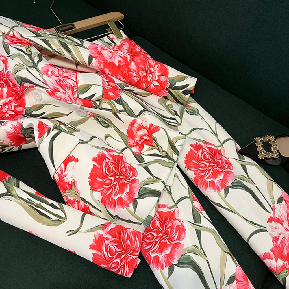 TWOTWINSTYLE Vintage Printing Two Piece Sets For Women Laple Long Sleeve Top High Waist Pants Elegant Set Female New KSE537136