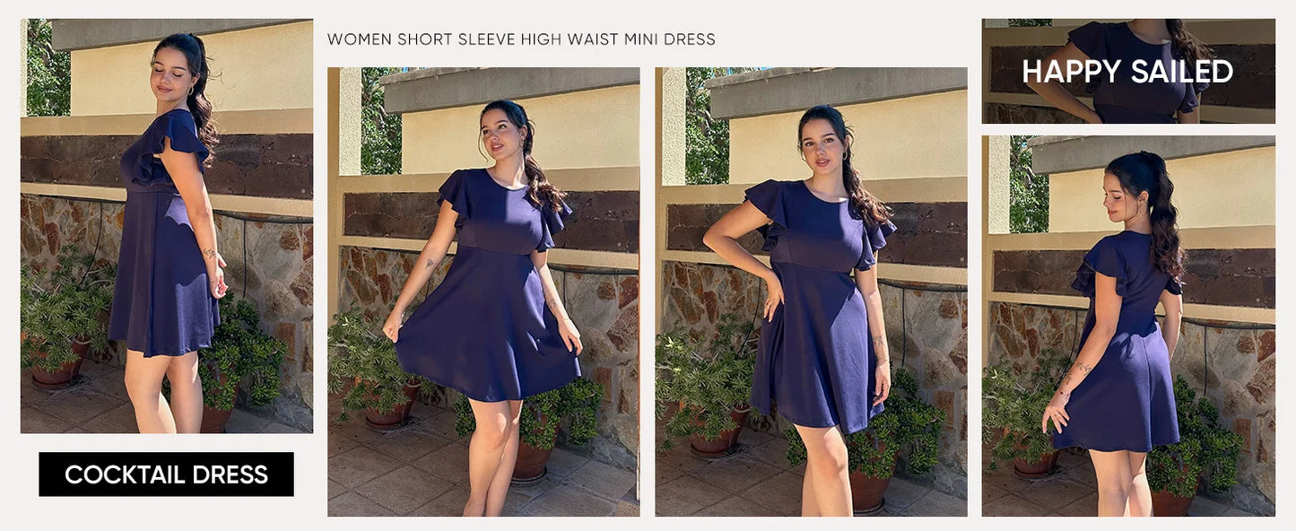 Summer 2025 Women's Dresses Elegant Vintage Ruffle Sleeve Flared A Line Swing Round-Neck Casual Party Cocktail Dress Women Cloth