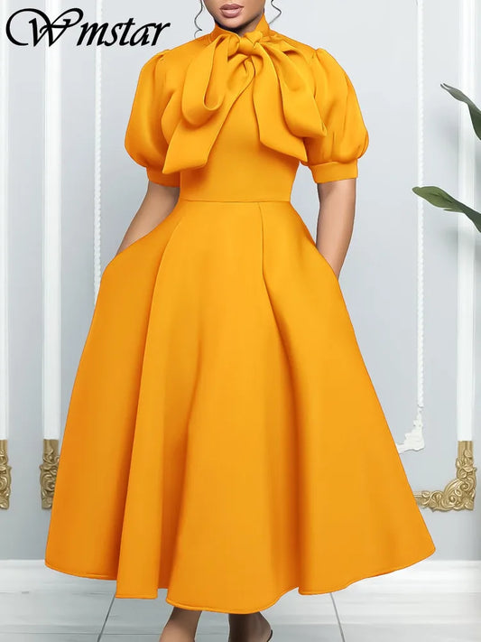Wmstar Plus Size Dresses for Women Elegant Fashion Office Lady with Bow Maxi Dress New in Summer Clothes Wholesale Dropshipping