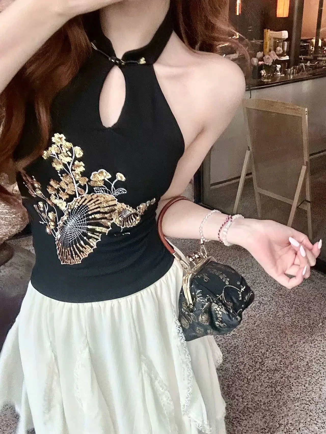 Vintage Sequin Embroidered Backless Camisole For Women