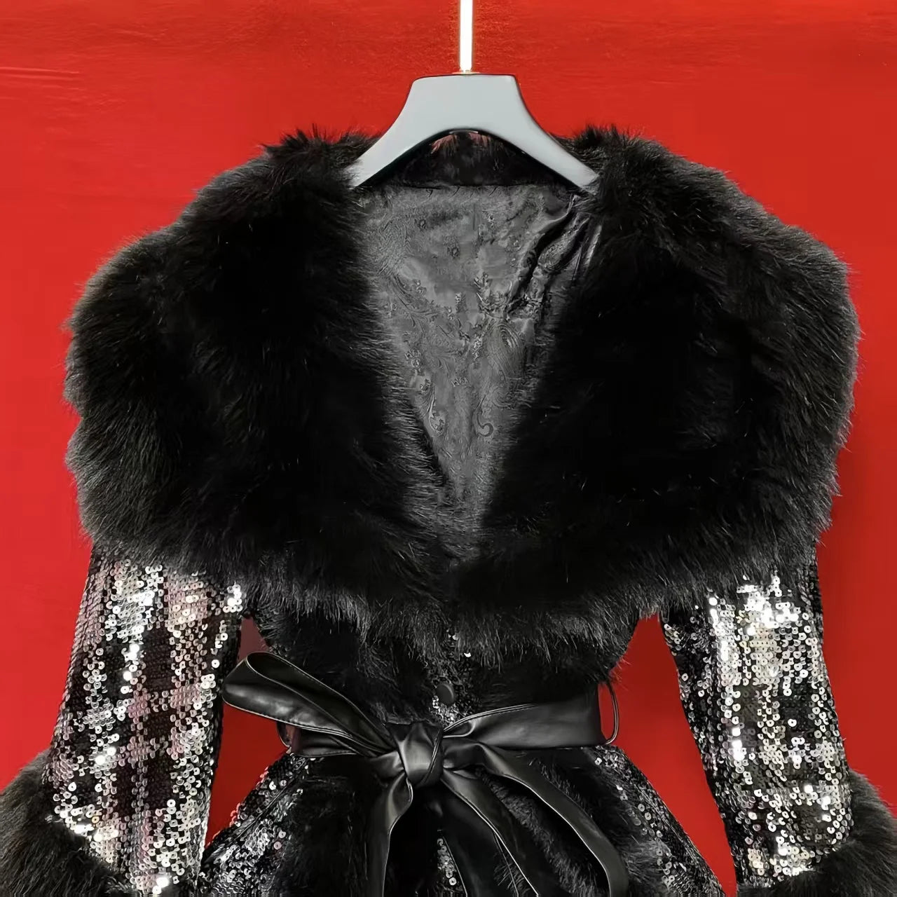 Faux Fur Coats for Women,Adjustable Waist Jacket,Female Clothes,Luxury,Spliced,Sequins,Turn-down Collar,New, Winter, 2025